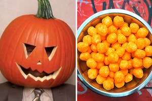 dwight wearing a pumpkin head on the left and cheese balls on the right