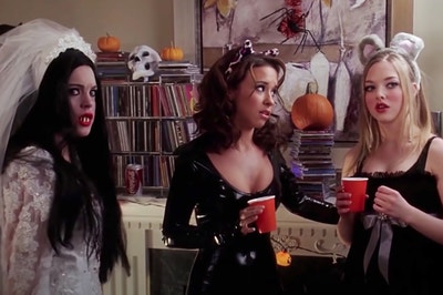 Cady, Gretchen, and Karen from Mean Girls at the Halloween party
