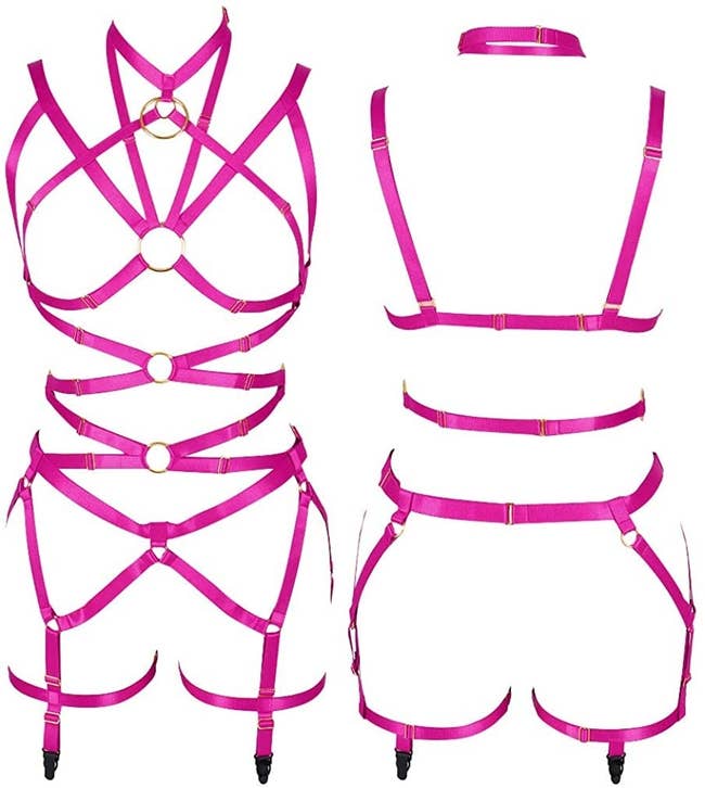 Hot pink strappy full body harness view from front and back
