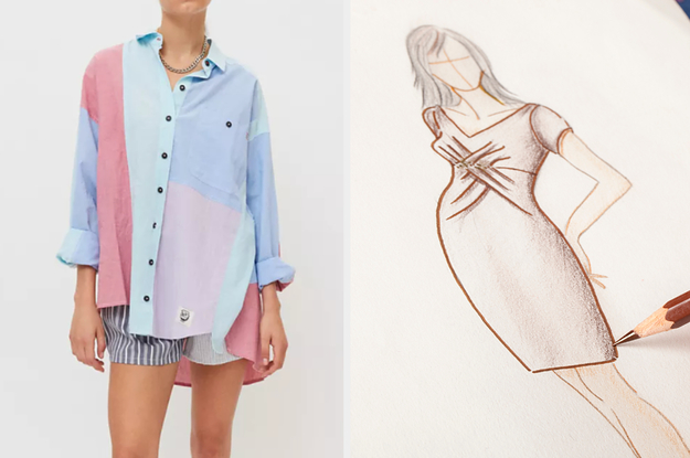 On the left, someone wearing a patterned button-down shirt and patterned shorts, and on the right, someone sketching someone wearing a dress