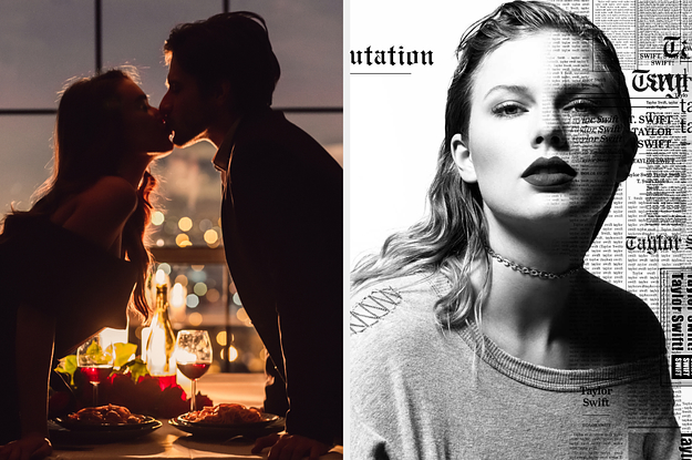 On the left, a couple kissing across a candlelit table, and on the right, Taylor Swift's Reputation album