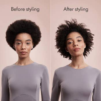 before photo of a model with an afro and an after photo of the same model whose afro has been styled into more defined curls
