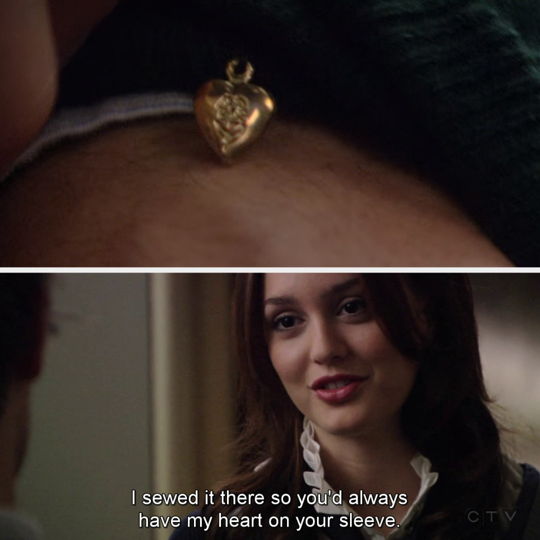 Nate and Blair discussing the heart pendant she sewed on the inside of his sweater