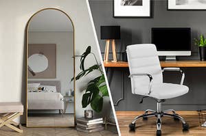 A split photo of an arched wall mirror and a swivel desk chair