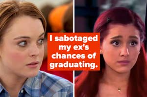 Text, "I sabotaged my ex's chances of graduating" between a shocked face and a guilty face