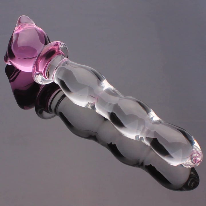 The glass dildo with a pink bear on one end