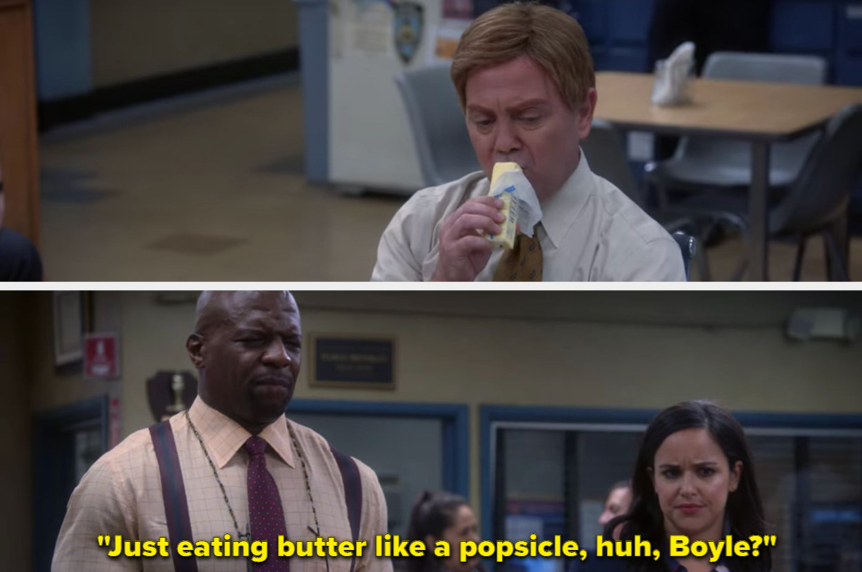 Boyle eating a stick of butter while Terry and Amy talk to him