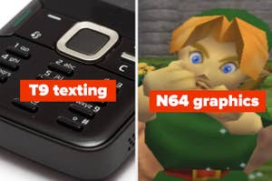 A close-up of an old cell phone's keypad with text that says T9 texting over it and a screenshot from Legend of Zelda Ocarina of Time