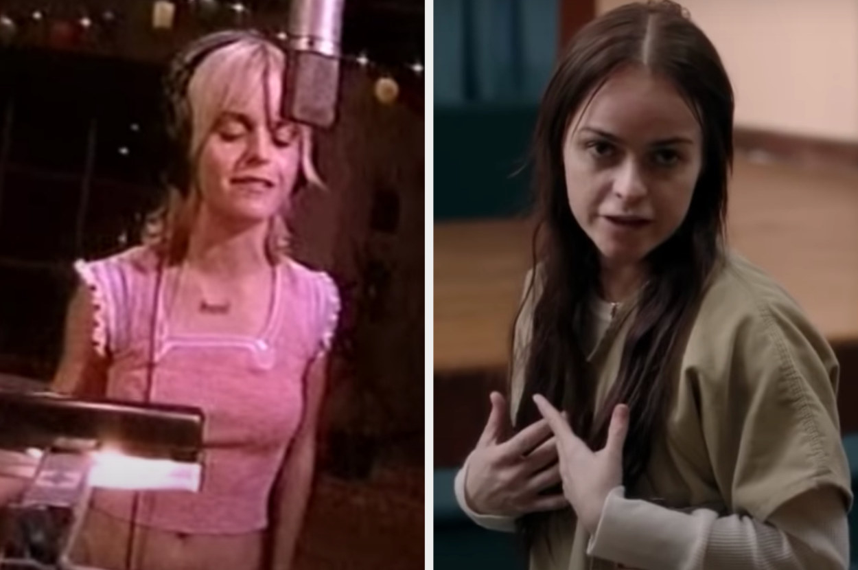 On the left, Manning is singing in the studio on Popstars. On the right, she is acting in an episode of Orange Is the New Black