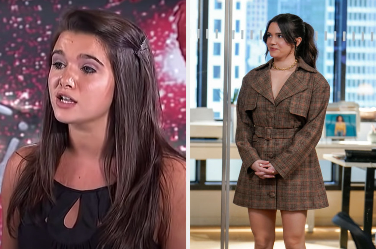 On the left, Stevens is auditioning for American Idol. On the right, she is acting in an episode of The Bold Type