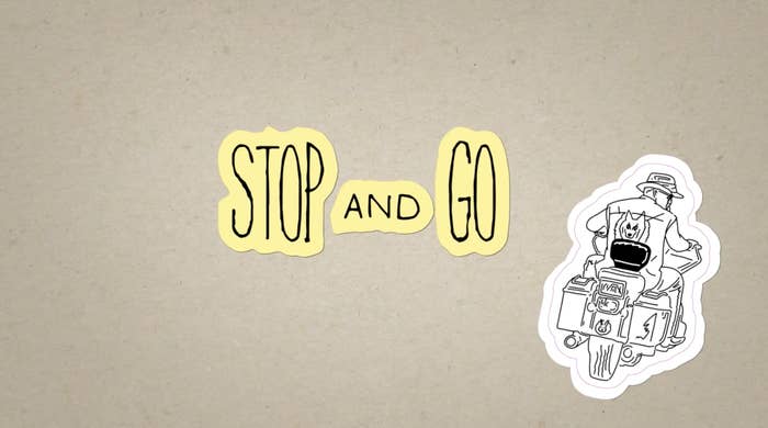 Stop and Go title card with illustration of person on a motorbike