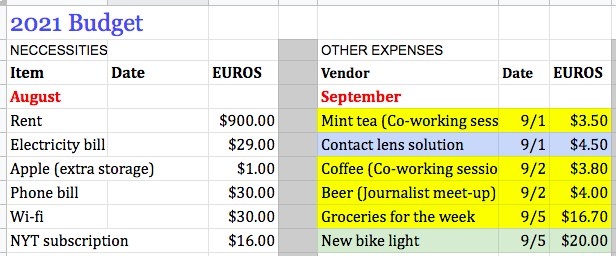 The author&#x27;s Excel sheet, where she tracks her budget