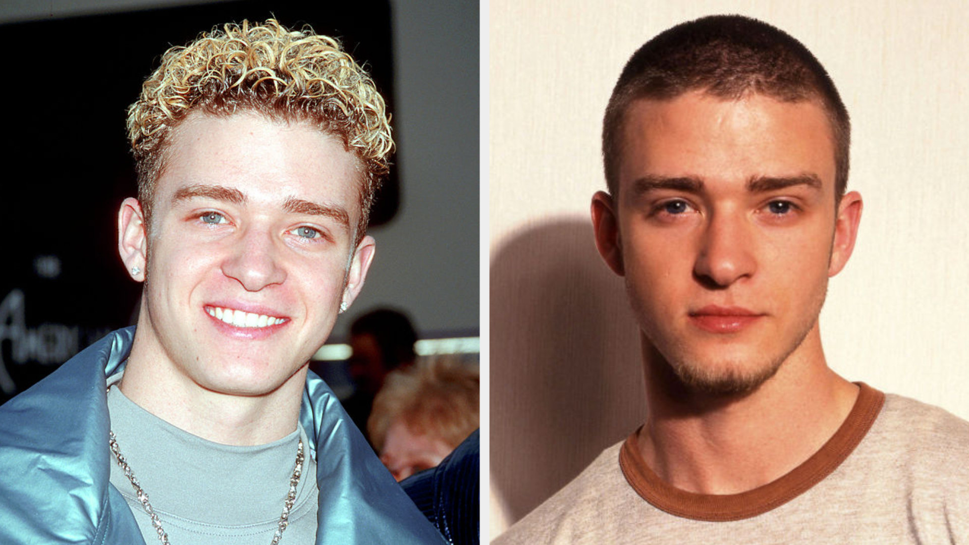 Justin Timberlake with curly, blonde hair and Justin with a buzz cut