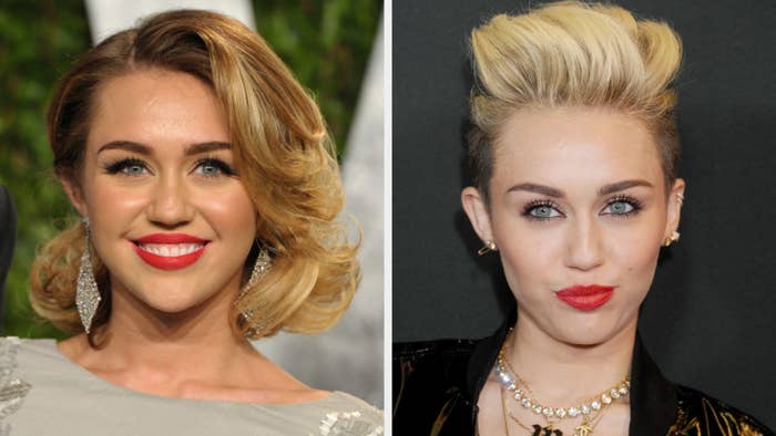 Miley with golden brown, shoulder length hair and Miley with a bleached pixie cut