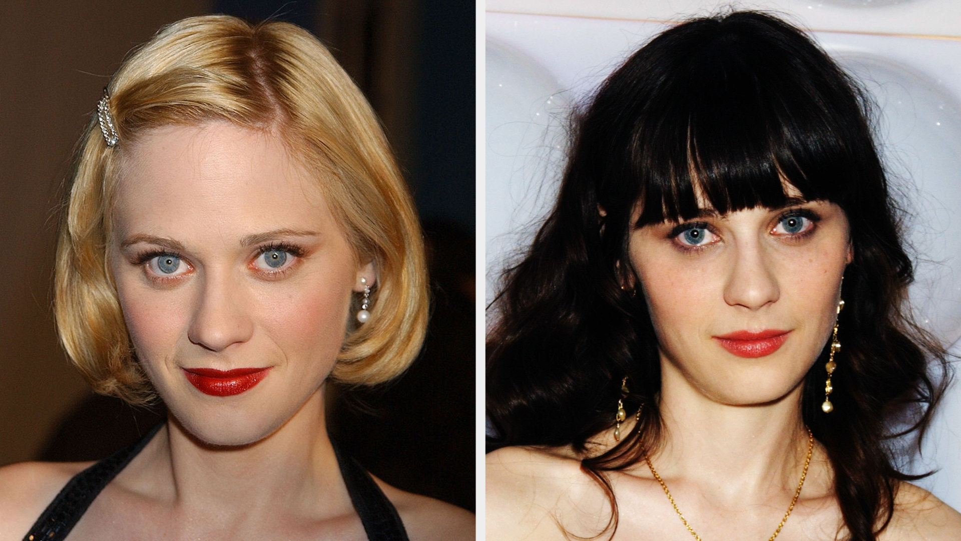 Zooey with short blonde hair and Zooey with black hair and bangs