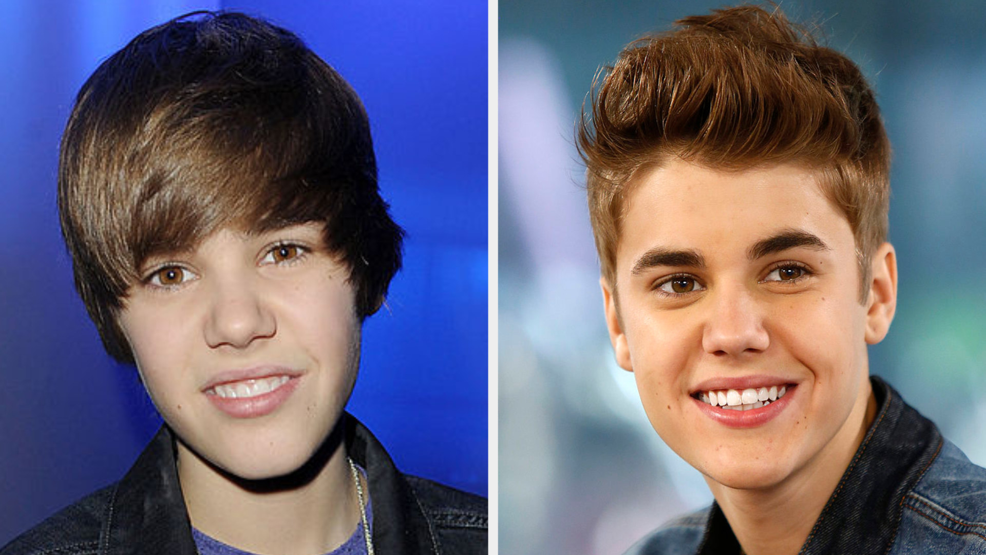 Justin Bieber with his iconic hair swoop and with a shorter look