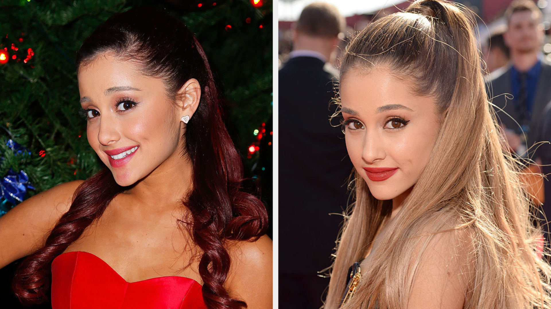 Ariana Grande with red hair and Ariana Grande with a blonde up-do