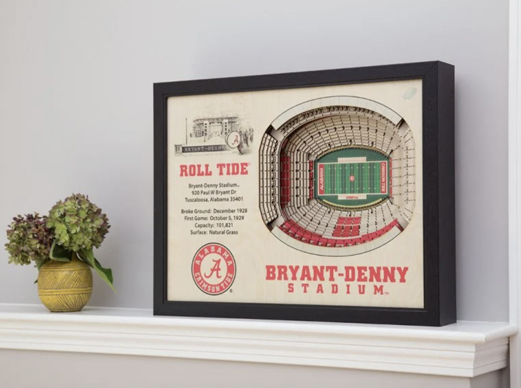 a framed 3D Bryant-Denny stadium on a mantle