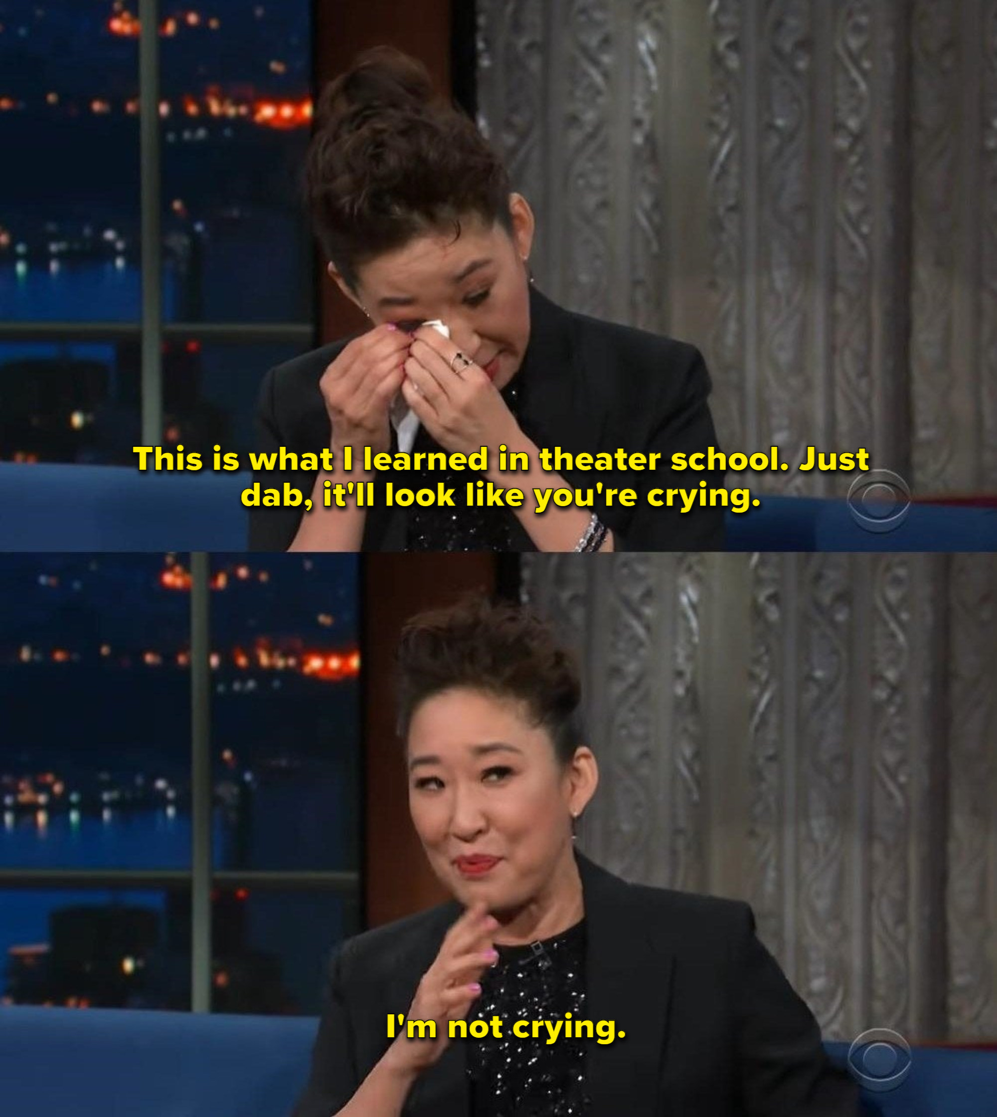 Sandra Oh: &quot;This is what I learned in theater school. Just dab, it&#x27;ll look like you&#x27;re crying. I&#x27;m not crying&quot;