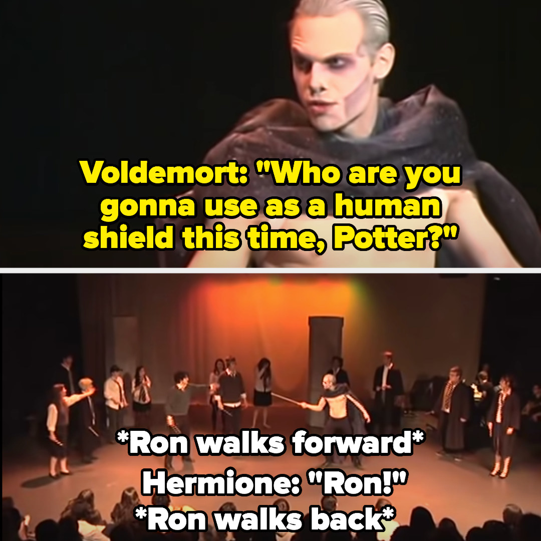 Voldemort asks who Harry will use as a human shield this time, and Ron walks forward before being called back by Hermione