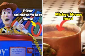 Woody from "Toy Story" speaking into a mic and a pot of soup with a hidden Mickey Mouse head shadow from "Ratatouille"