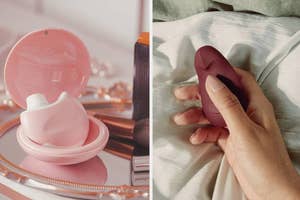 Pink suction vibrator in clamshell case and model holding wine red external vibrator