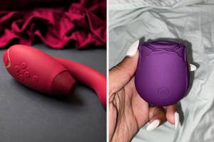 Red dual stimulating vibrator and model holding purple rose-shaped vibrator