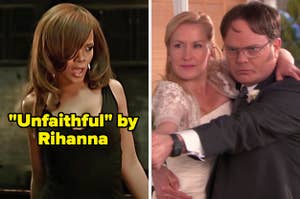 On the left, Rihanna in the Unfaithful music video, and on the right, Angela and Dwight from The Office dancing on their wedding day