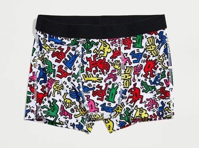 The white undies with red, yellow, green, blue, and pink Haring &quot;guys&quot; on them