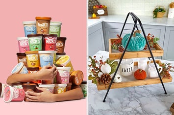 to the left: a stack of ice cream, to the right: decorative fall home goods