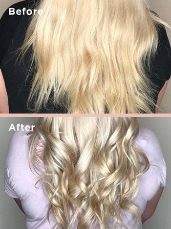 before and after of person with dry, straight color treated hair and after with shiny heat-curled hair