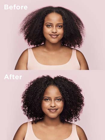 model with coily textured hair before and after with the after showing defined curls