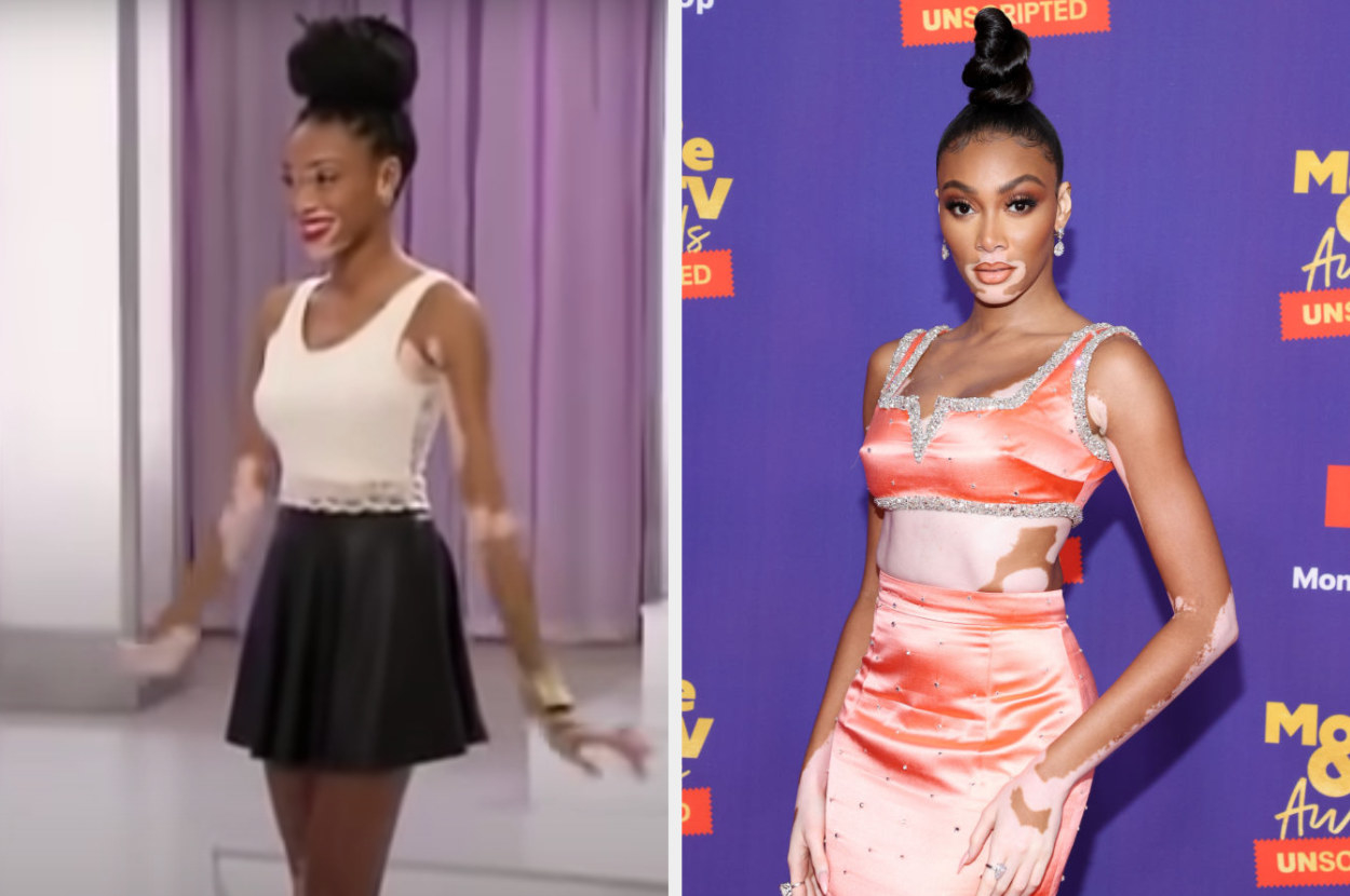 On the left, Harlow is auditioning on America&#x27;s Next Top Model. On the right, Harlow is posing at the MTV Awards