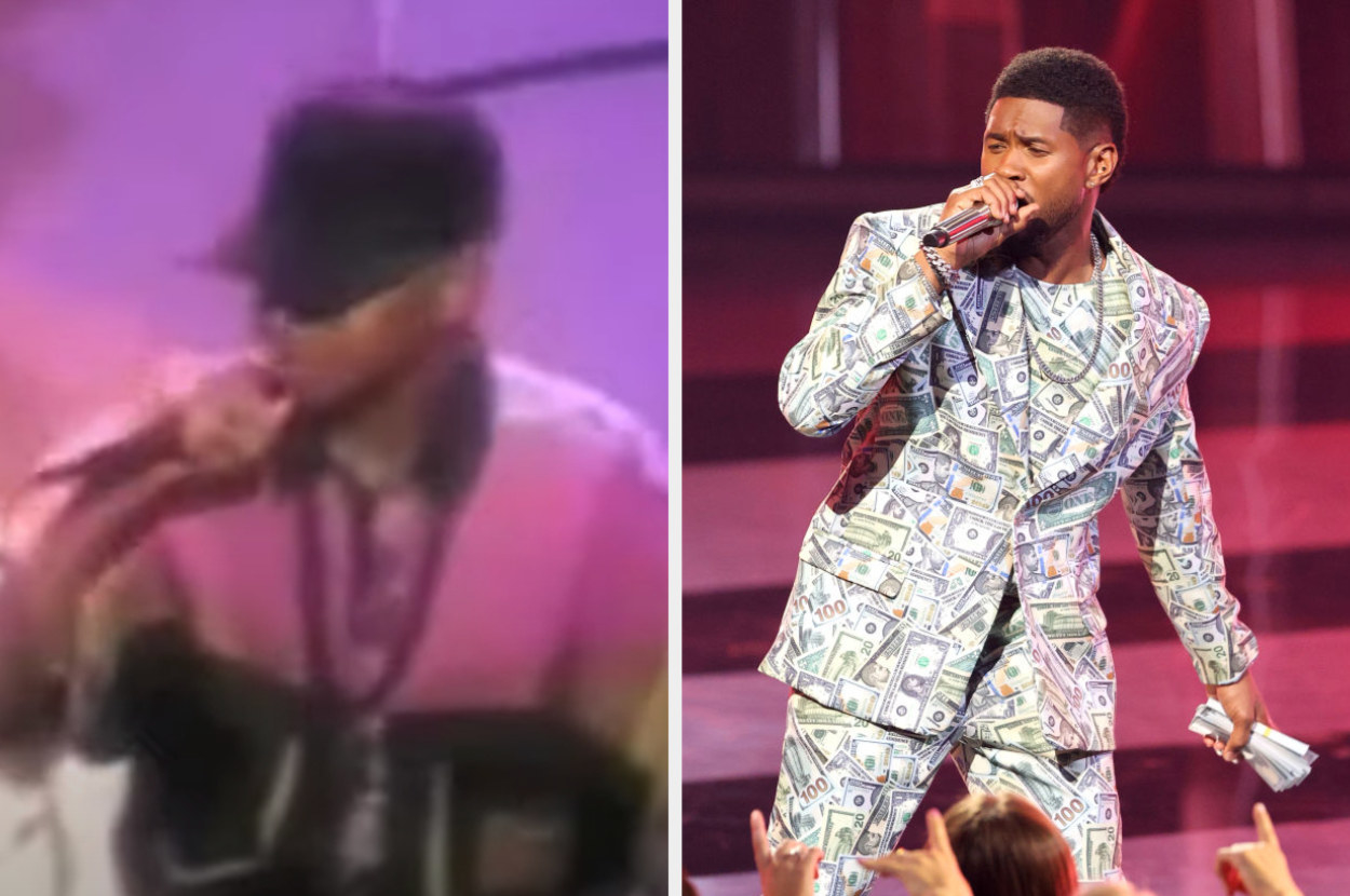 Usher singing onstage at Star Search. On the right, he&#x27;s performing onstage