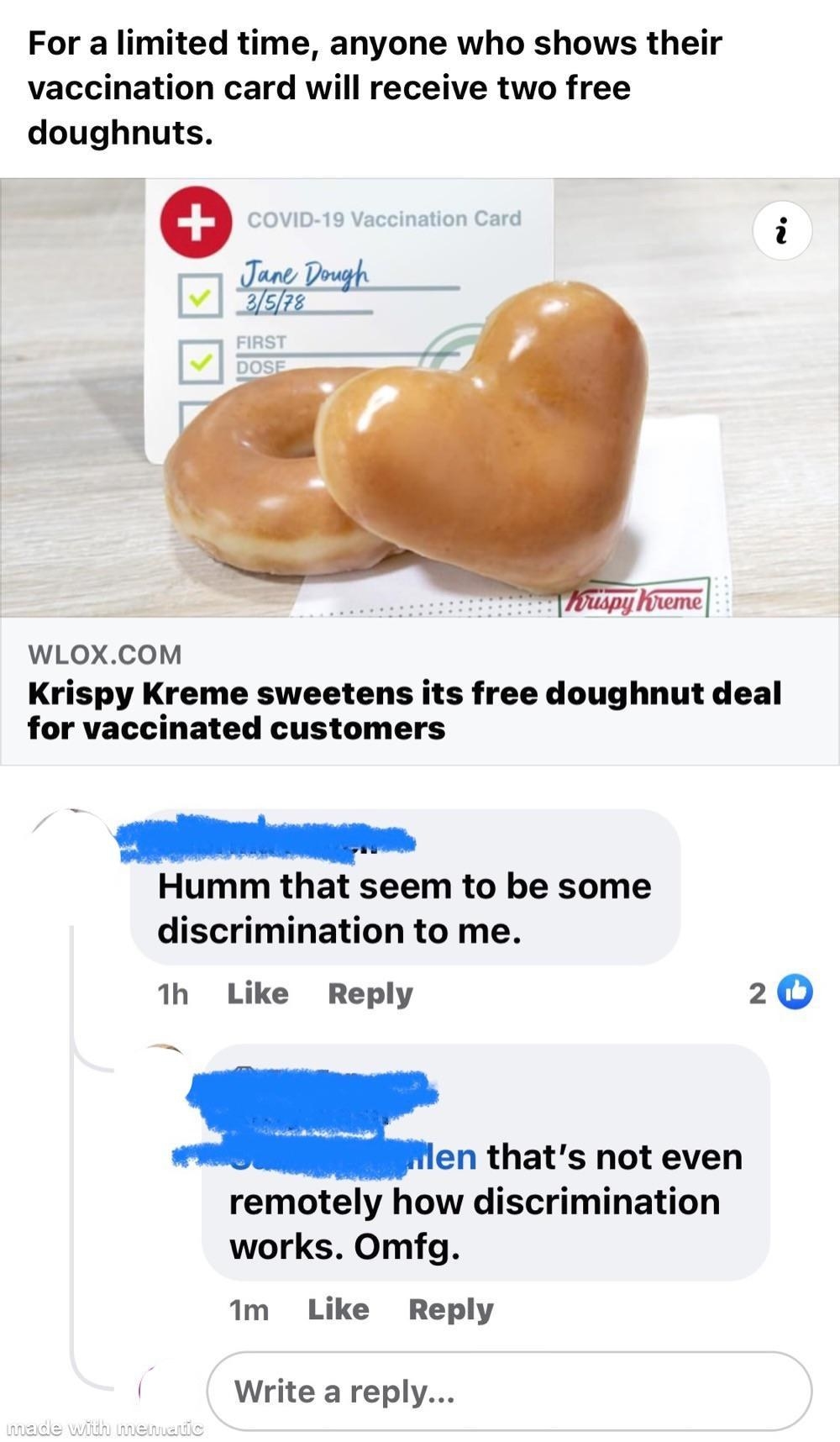 person shares article about free krispy kreme for vaccinated people and someone comments that it seems like discrimination