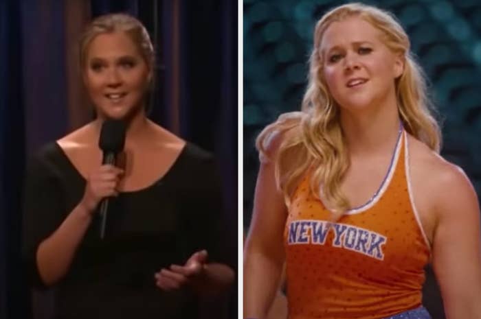 On the left, Schumer is doing stand up on the Conan O&#x27;Brian Show. On the right, she&#x27;s doing a cheerleading dance in a scene from Trainwreck