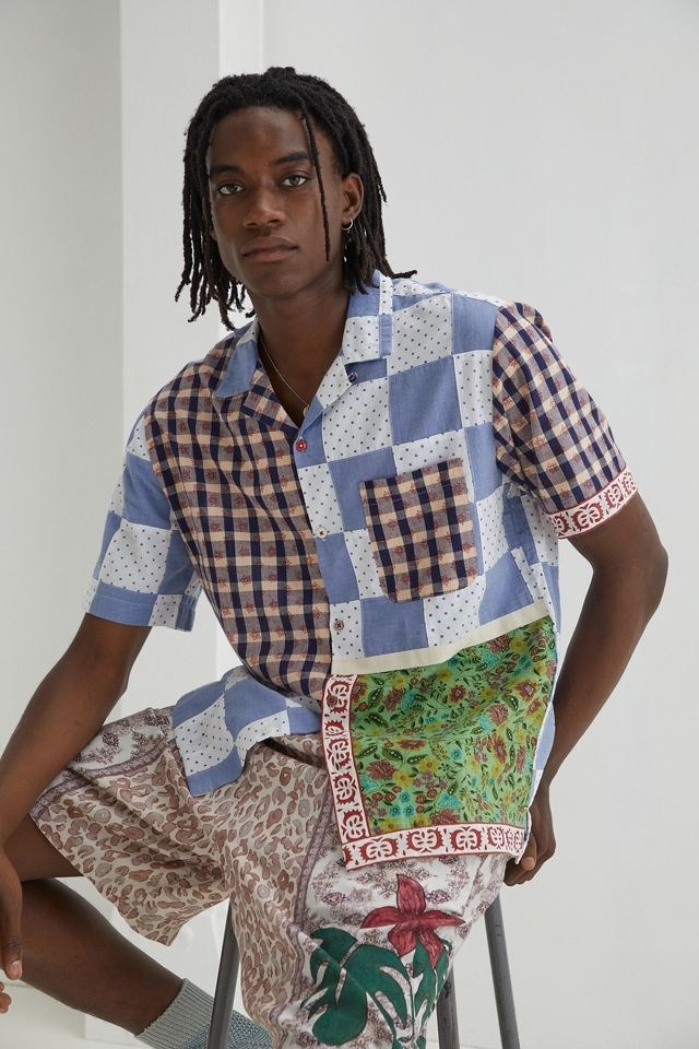 A model wears the multi-fabric shirt