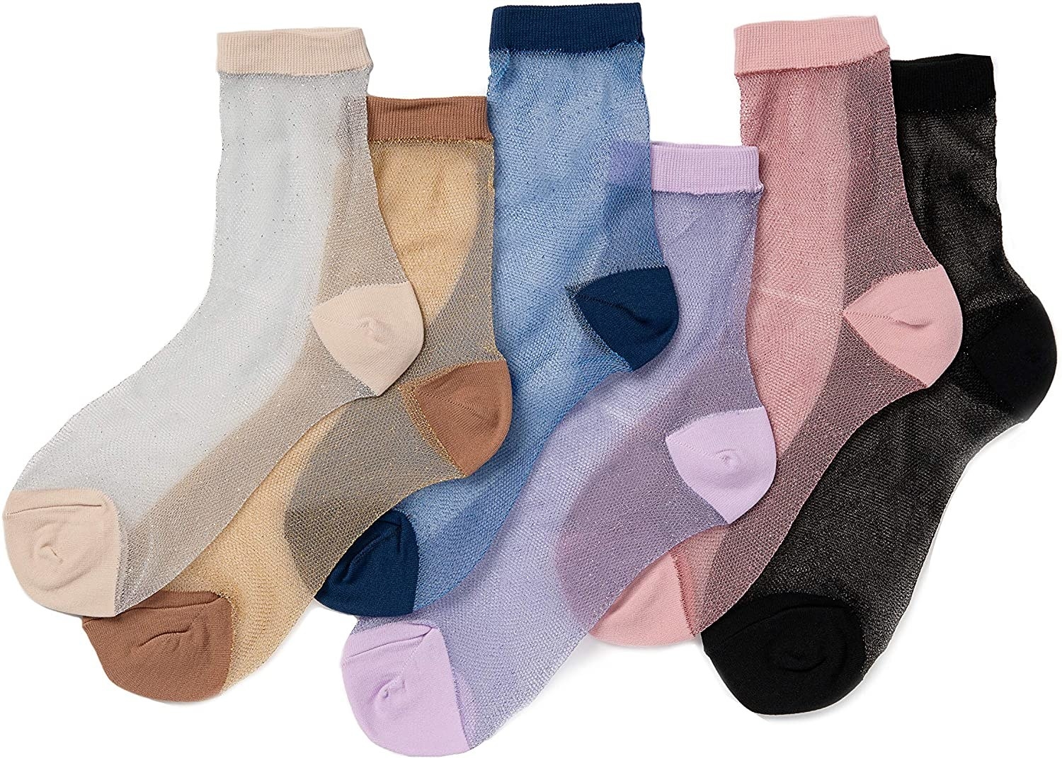 The socks in beige, brown, lavender, pink, and black