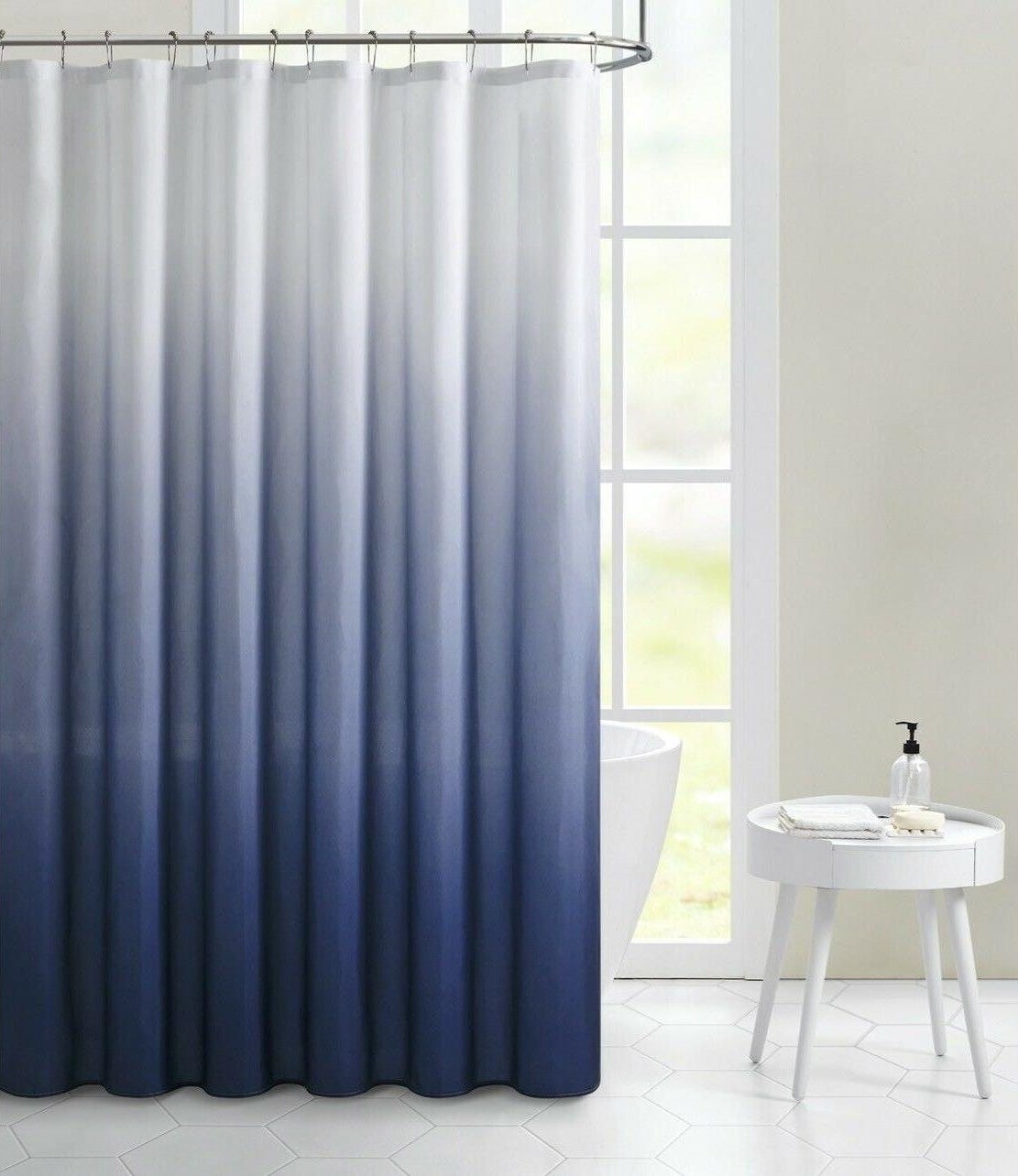 the blue ombre curtain in a bathroom