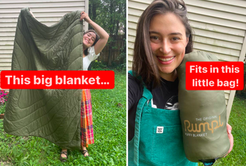left side shows Rachel holding the blanket outside of her home to show it's awesome size (which is the typical throw blanket size) and the right is the same blanket packed into the small tote bag it comes with 