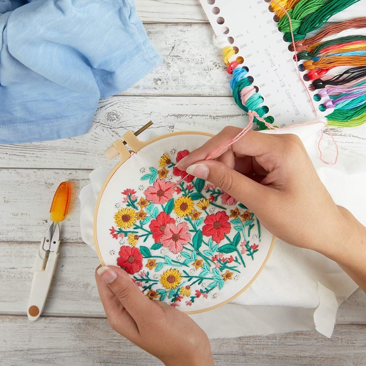 a model embroidering with the kit