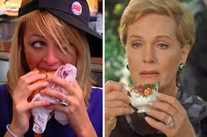 On the left, Nicole Richie eating a cheeseburger on the simple life, and on the right, julie andrews sipping a cup of tea as clarisse in the princess diaries