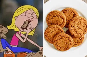 On the left, cartoon Lizzie McGuire shoving chocolate chip cookies in her mouth, and on the right, some gingersnaps