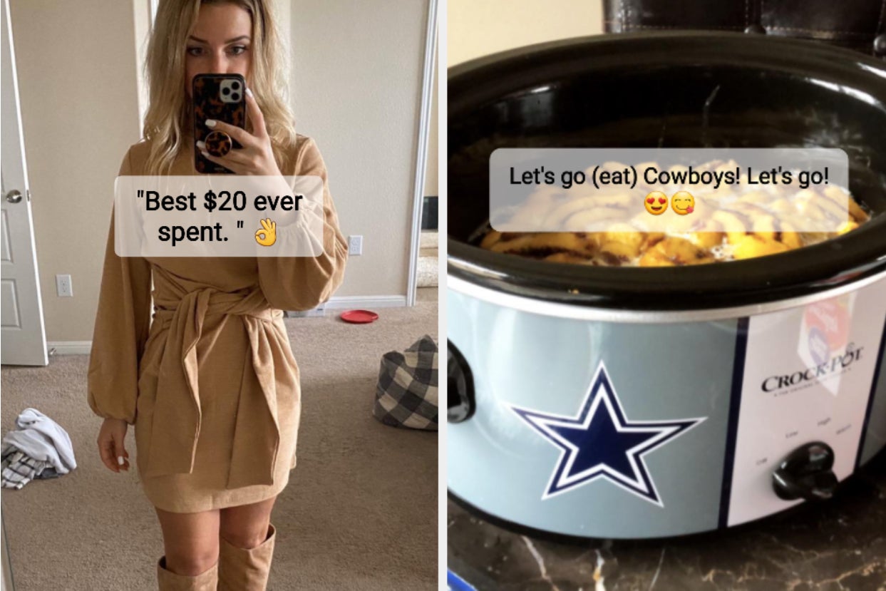 left side is a reviewer taking a selfie in a tan sweater dress with bell sleeves and a wrap waist and the right is a reviewer's dallas cowboys crockpot