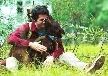 dylan obrien&#x27;s character sits in a field and plays with a dog