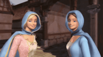 two barbie characters wear cloaks over luxurious dresses and sing while looking into each others&#x27; eyes