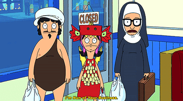 Gene Belcher is dressed in a one shoulder body suit, Louise Belcher is wearing a dragon costume with sticky notes on it, and Tina Belcher is dressed as a nun