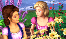 two barbie charactesr stand in a field next to a river. they wear peasant dresses.