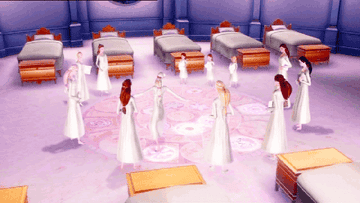 animated barbie characters in a circle, wearing long silk gowns with long sleeves. one barbie dances in the middle of the circle.