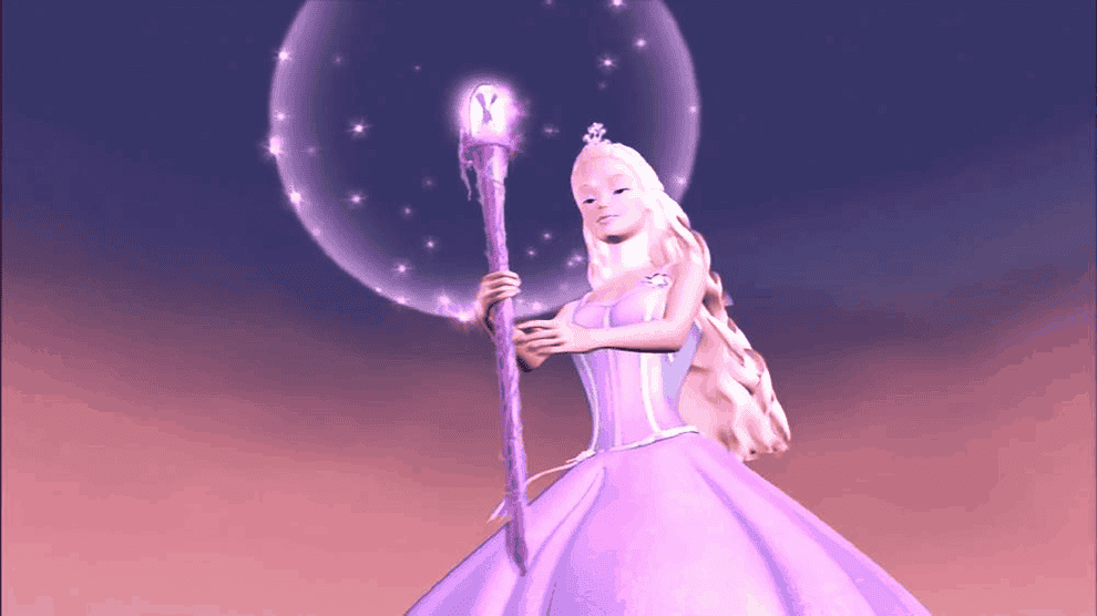 barbie holds a staff with a gemstone atop it. she wears a long dress with ribbons for straps and a tiara atop her head.